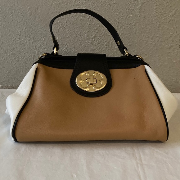 Emma Fox Color Block Tan,Ivory,Black Top Handle Satchel With Gold Hardware - Picture 1 of 8